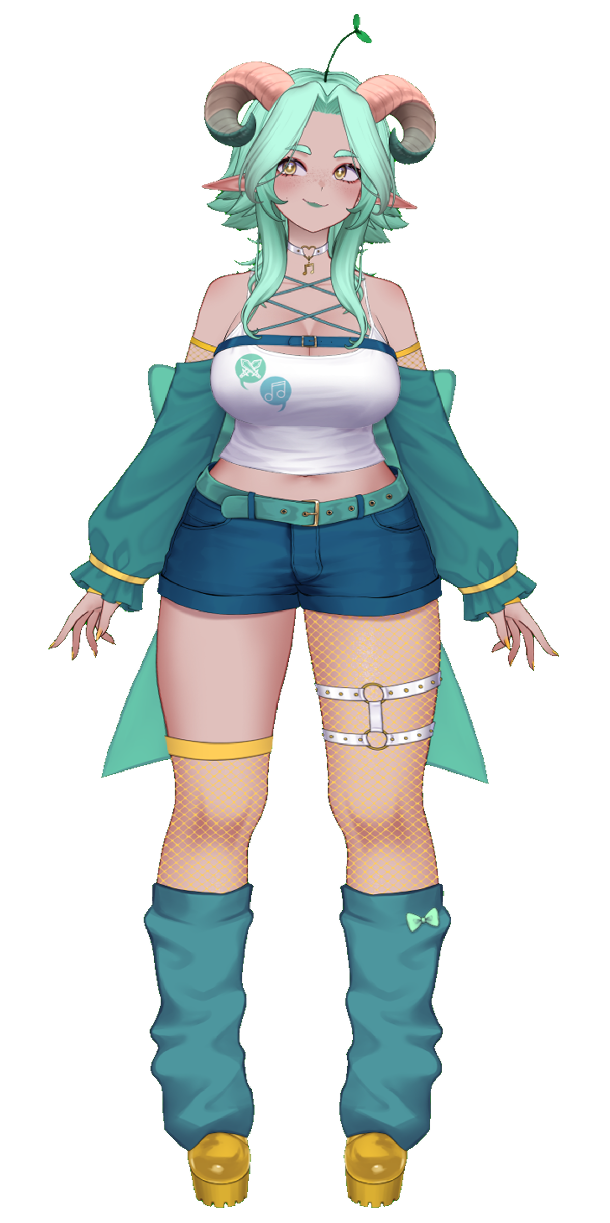 Default Bard model! A tall, faunkin with mint green hair and golden eyes smiling out to the viewer!